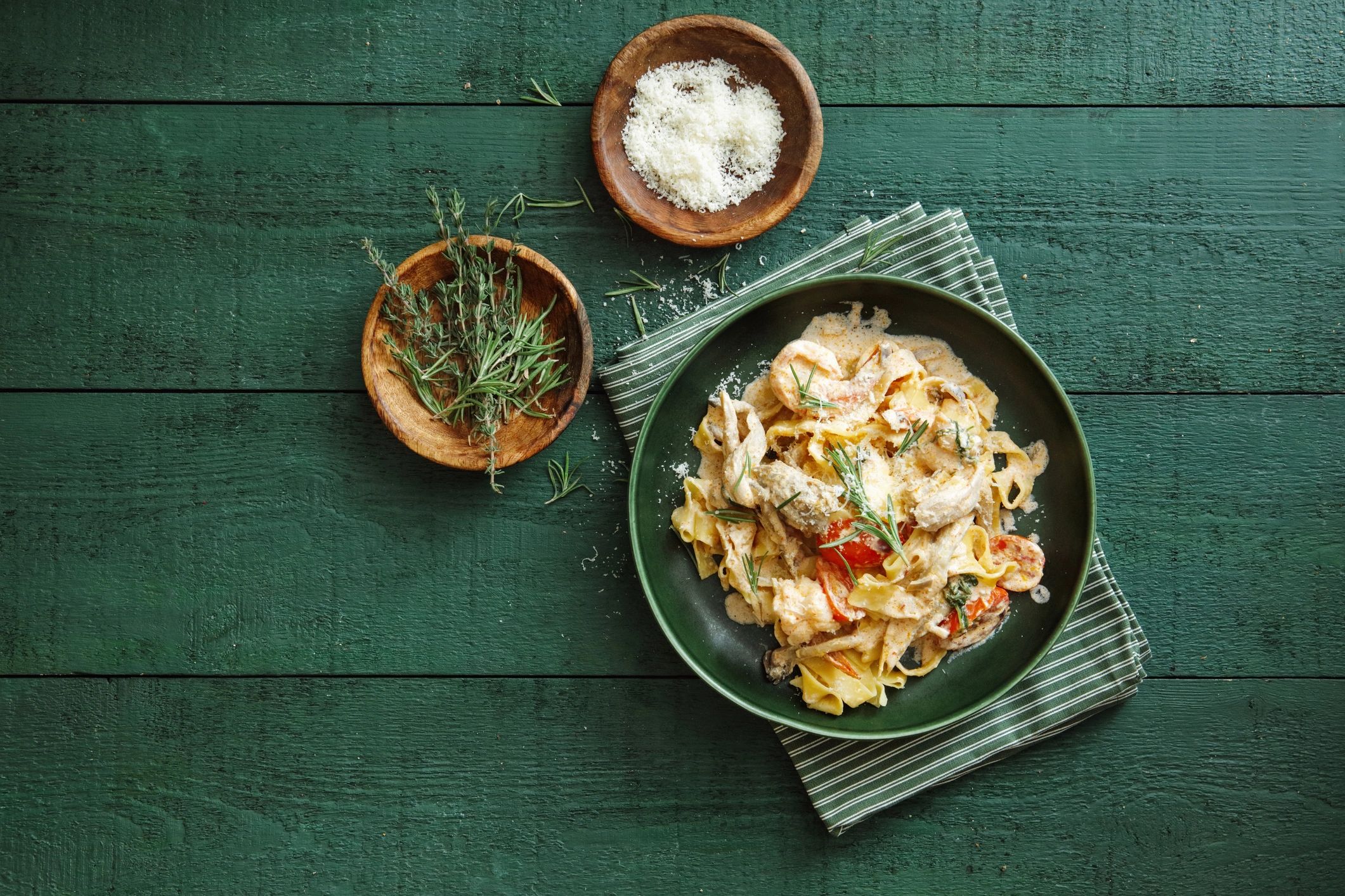 Italian seafood pasta served in a restaurant setting